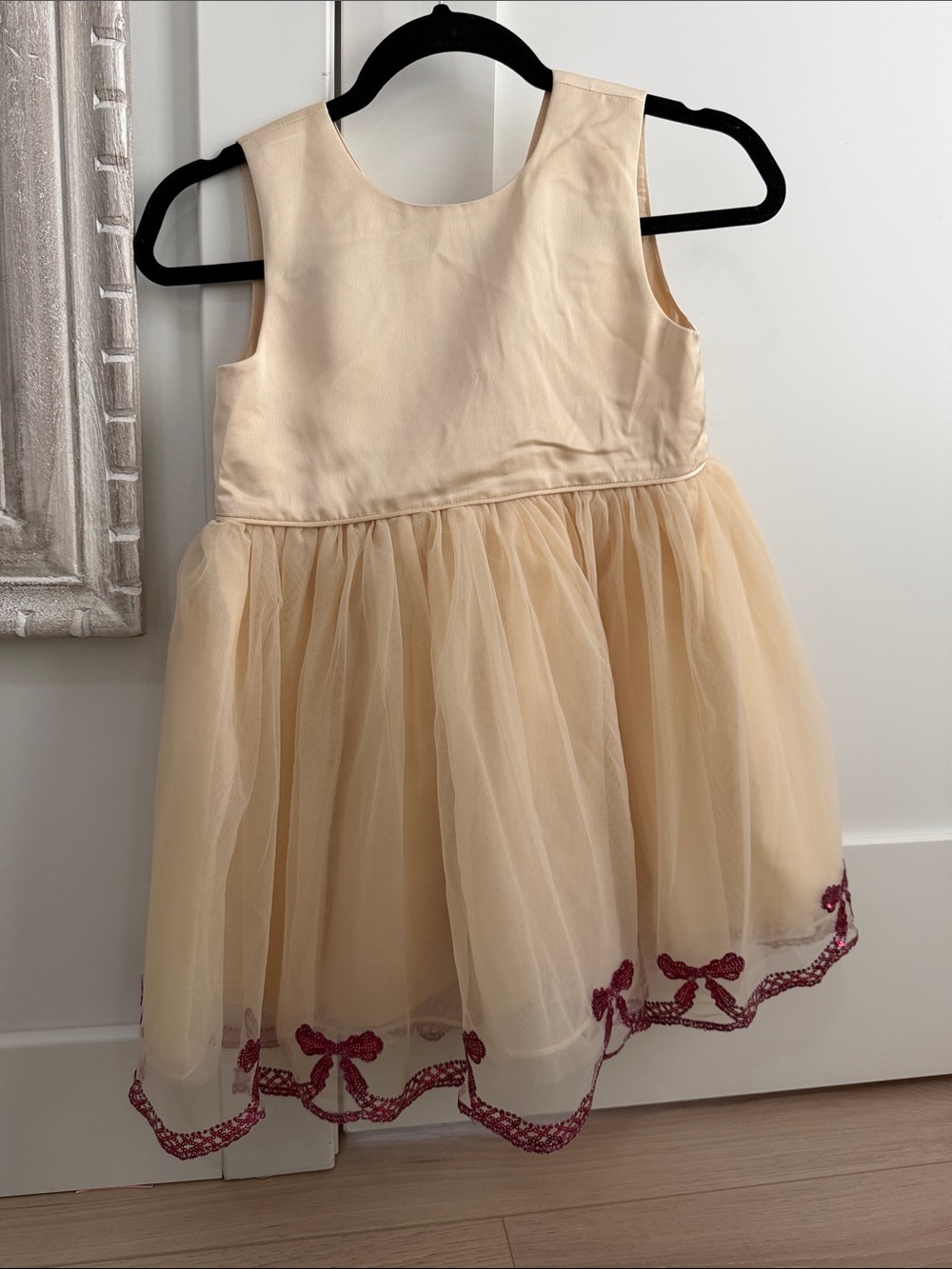 Cream Tulle Party Dress with Burgundy Bow Trim for Girls